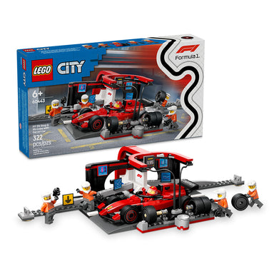 Set LEGO City Parada en Boxes de F1 con auto Ferrari, minifiguras de piloto y 4 mecánicos, neumáticos lisos, pistolas neumáticas y palanca para activar el cambio de ruedas; incluye guía digital LEGO Builder y 322 piezas para niños desde 6 años.