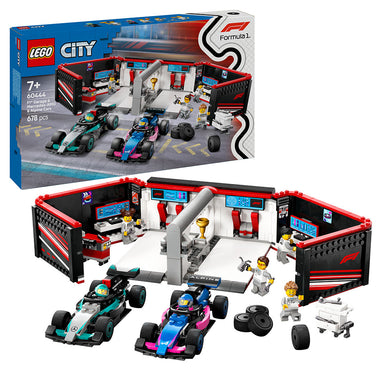 Set LEGO City Taller de F1 con Autos Mercedes-AMG y Alpine, incluye taller con asa de transporte, bancos de trabajo, herramientas, torre de neumáticos y plataformas de lanzamiento; 678 piezas con minifiguras de pilotos y mecánicos, ideal para niños desde 7 años.
