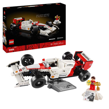 Set LEGO Icons McLaren MP4/4 con minifigura de Ayrton Senna, motor V6 turbo detallado, alerón trasero ajustable, suspensión por tirantes y base de exposición con placa conmemorativa.