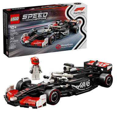 Set LEGO Speed Champions MoneyGram Haas F1 Team VF-24 con minifigura de piloto, halo móvil, alerón trasero, neumáticos Pirelli y detalles auténticos del modelo 2024 de Fórmula 1.