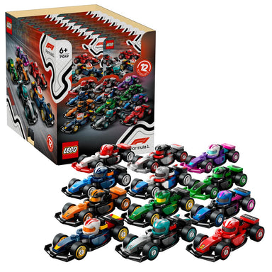 Caja de 36 unidades LEGO Autos de F1 Coleccionables 71049, ideal para completar la colección de 12 modelos inspirados en equipos de Formula 1 como Ferrari, Mercedes-AMG, McLaren y más. Cada caja sorpresa contiene un auto con casco de piloto y ruedas móviles, perfectos para construir, jugar o exhibir.