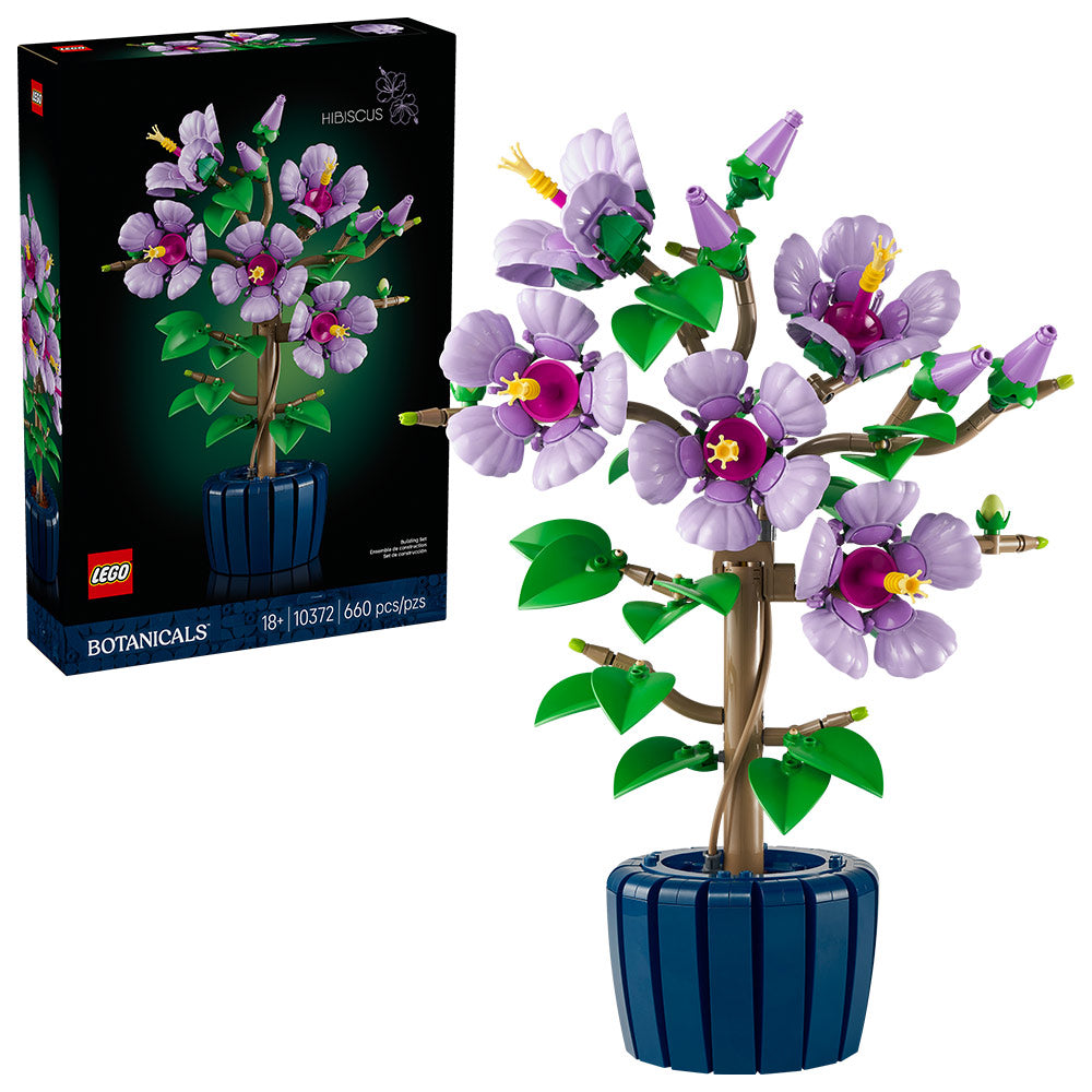 Planta LEGO Botanicals Hibisco con flores lavanda y maceta azul, set decorativo para adultos