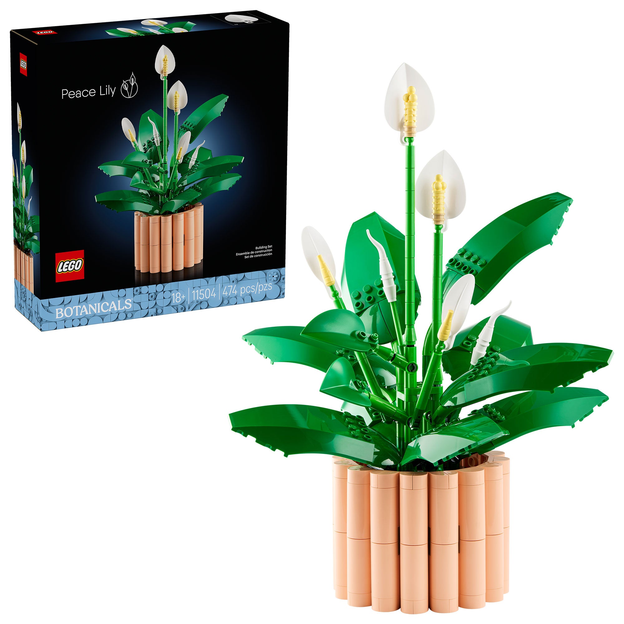 Planta decorativa LEGO Lirio de la Paz con flores en distintas fases de floración en maceta color melocotón