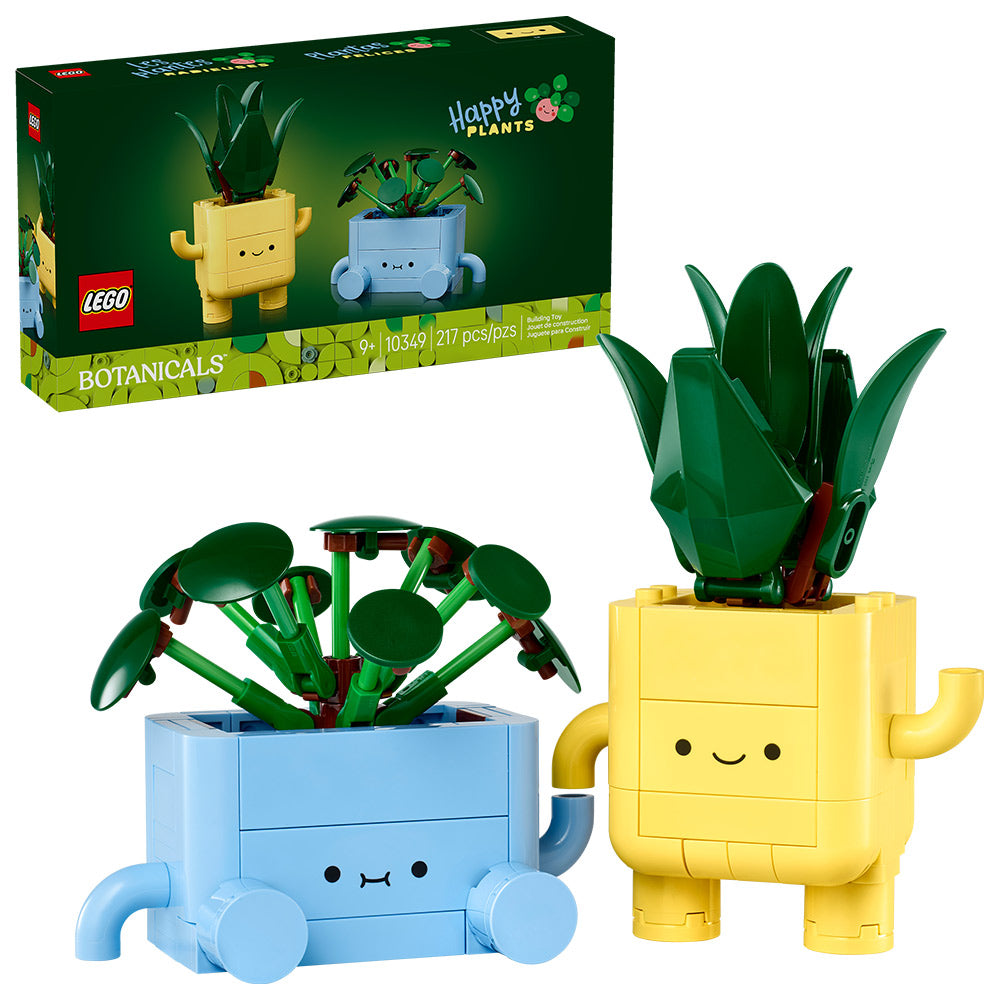 Plantas LEGO Botanicals Plantas Felices con drácena y pilea en macetas amarilla y azul con caritas sonrientes