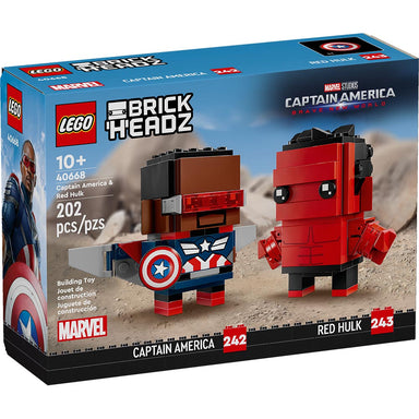 Figuras LEGO BrickHeadz de Capitán América con escudo y alas junto a Hulk Rojo sobre bases de exhibición