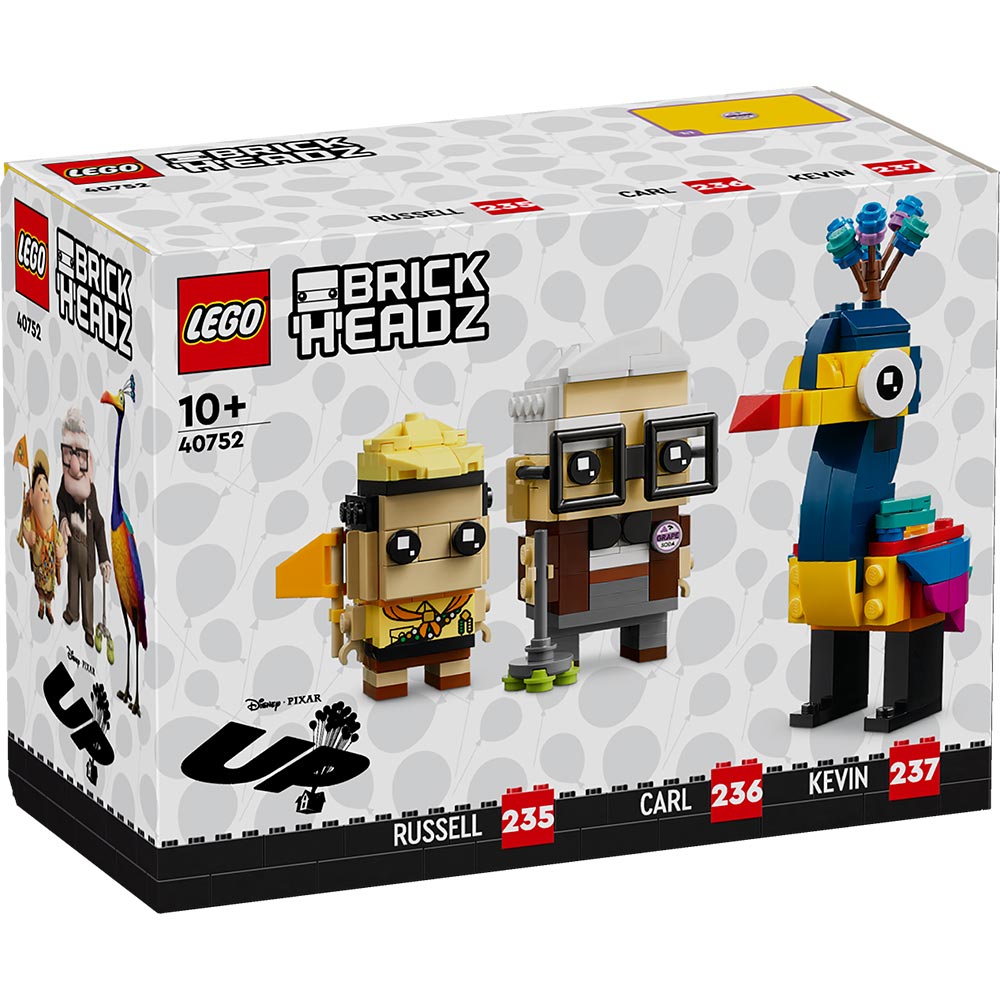 Figuras LEGO BrickHeadz de Carl, Russell y Kevin de Up con detalles característicos y base de exhibición