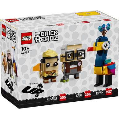 Figuras LEGO BrickHeadz de Carl, Russell y Kevin de Up con detalles característicos y base de exhibición