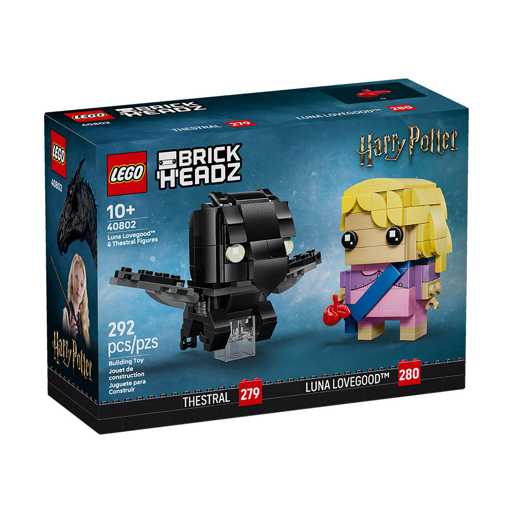 Figuras LEGO BrickHeadz 40802 de Luna Lovegood y Thestral de Harry Potter sobre bases de exhibición