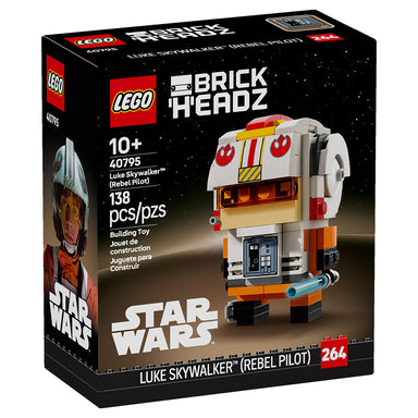 Figura LEGO® BrickHeadz™ de Luke Skywalker como piloto rebelde con casco detallado, visor naranja y sable de luz azul.