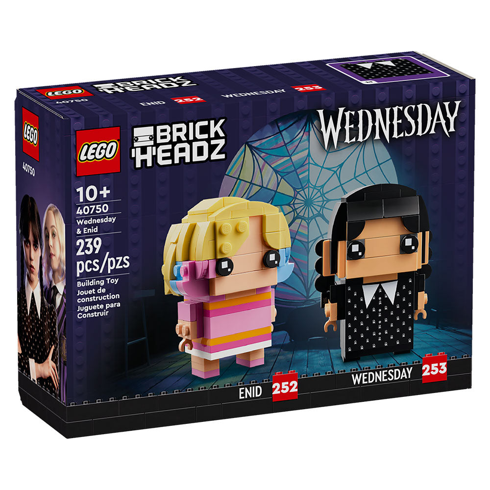 Figuras LEGO BrickHeadz de Merlina Addams y Enid Sinclair con base de exhibición inspiradas en la serie Merlina