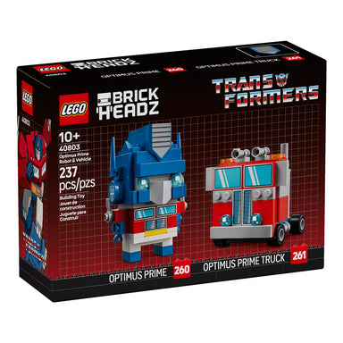 Figuras LEGO BrickHeadz de Optimus Prime en versión robot y camión de Transformers sobre bases de exhibición