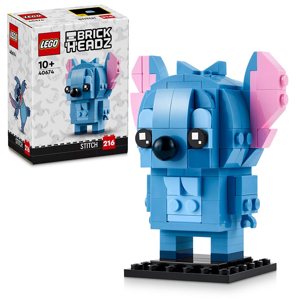 Figura LEGO BrickHeadz de Stitch en tonos azules sobre base de exhibición inspirada en Lilo & Stitch