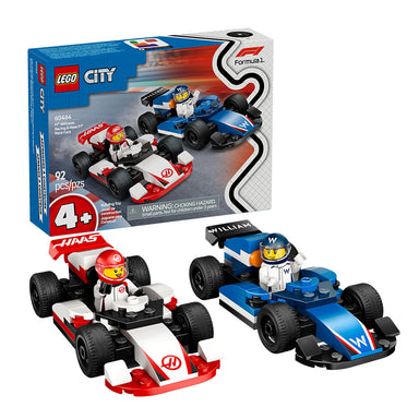 Set LEGO City con autos de F1 Williams Racing y Haas, incluye dos coches de carreras con neumáticos lisos, minifiguras de pilotos y ladrillo para principiantes; 92 piezas ideales para niños desde 4 años con guía digital LEGO Builder.