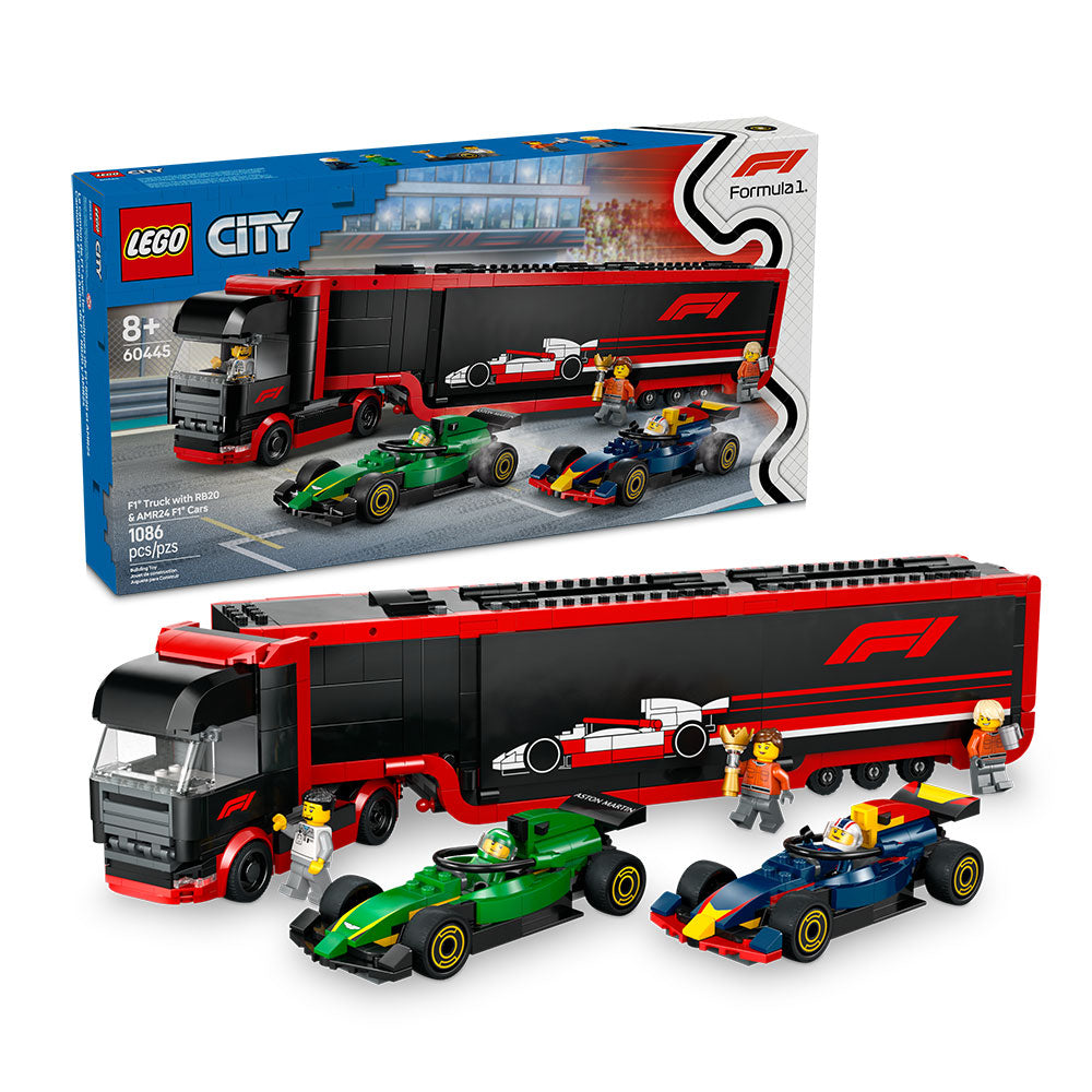 Set LEGO City Camión de F1 con remolque aerodinámico, autos RB20 y AMR24, minifiguras de 2 pilotos y 3 miembros del equipo, trofeo y simulador de F1; incluye 1086 piezas y guía digital LEGO Builder para niños desde 8 años.