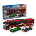 Set LEGO City Camión de F1 con remolque aerodinámico, autos RB20 y AMR24, minifiguras de 2 pilotos y 3 miembros del equipo, trofeo y simulador de F1; incluye 1086 piezas y guía digital LEGO Builder para niños desde 8 años.