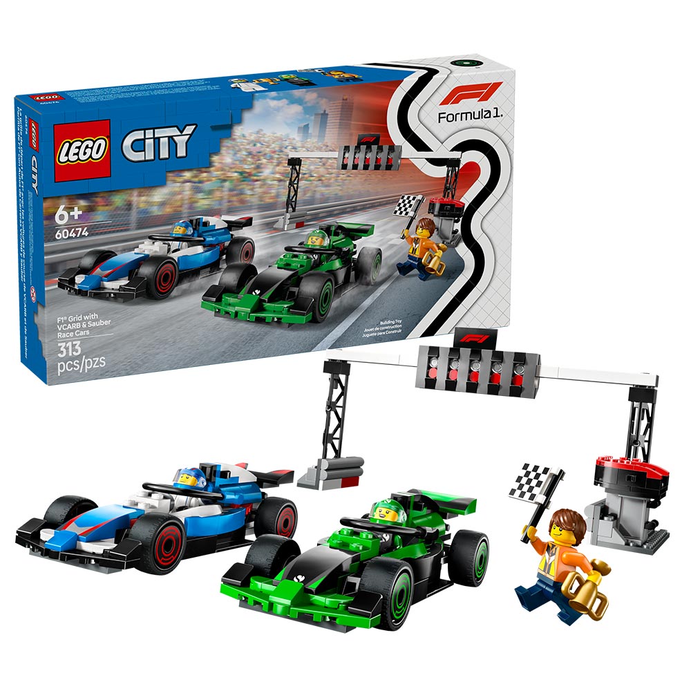 Set LEGO City Parrilla de F1 con Autos de Carreras VCARB y Sauber, incluye puente de luces con panel deslizante, trofeo y minifiguras de pilotos y director de carrera; 313 piezas ideales para niños desde 6 años, perfecto para recrear salidas y competiciones de Formula 1®.