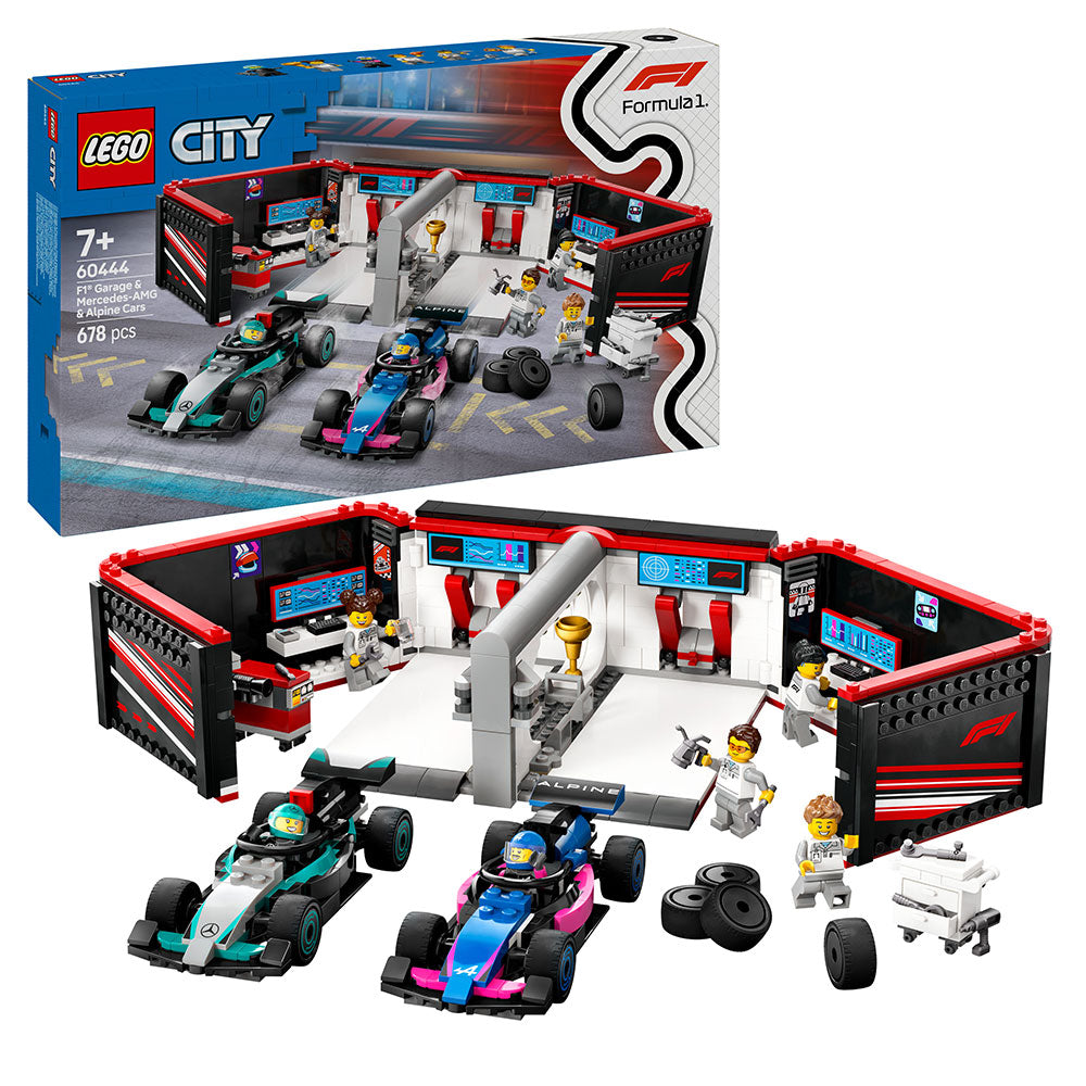 Set LEGO City Taller de F1 con Autos Mercedes-AMG y Alpine, incluye taller con asa de transporte, bancos de trabajo, herramientas, torre de neumáticos y plataformas de lanzamiento; 678 piezas con minifiguras de pilotos y mecánicos, ideal para niños desde 7 años.