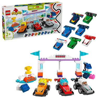 Set LEGO DUPLO Autos de Carreras y Pilotos del Equipo de F1, incluye 10 autos personalizables, grúa, semáforo, podio y ladrillos con pilotos; 70 piezas diseñadas para niños desde 2 años que estimulan la motricidad fina y la creatividad mientras descubren el mundo de la Formula 1®.