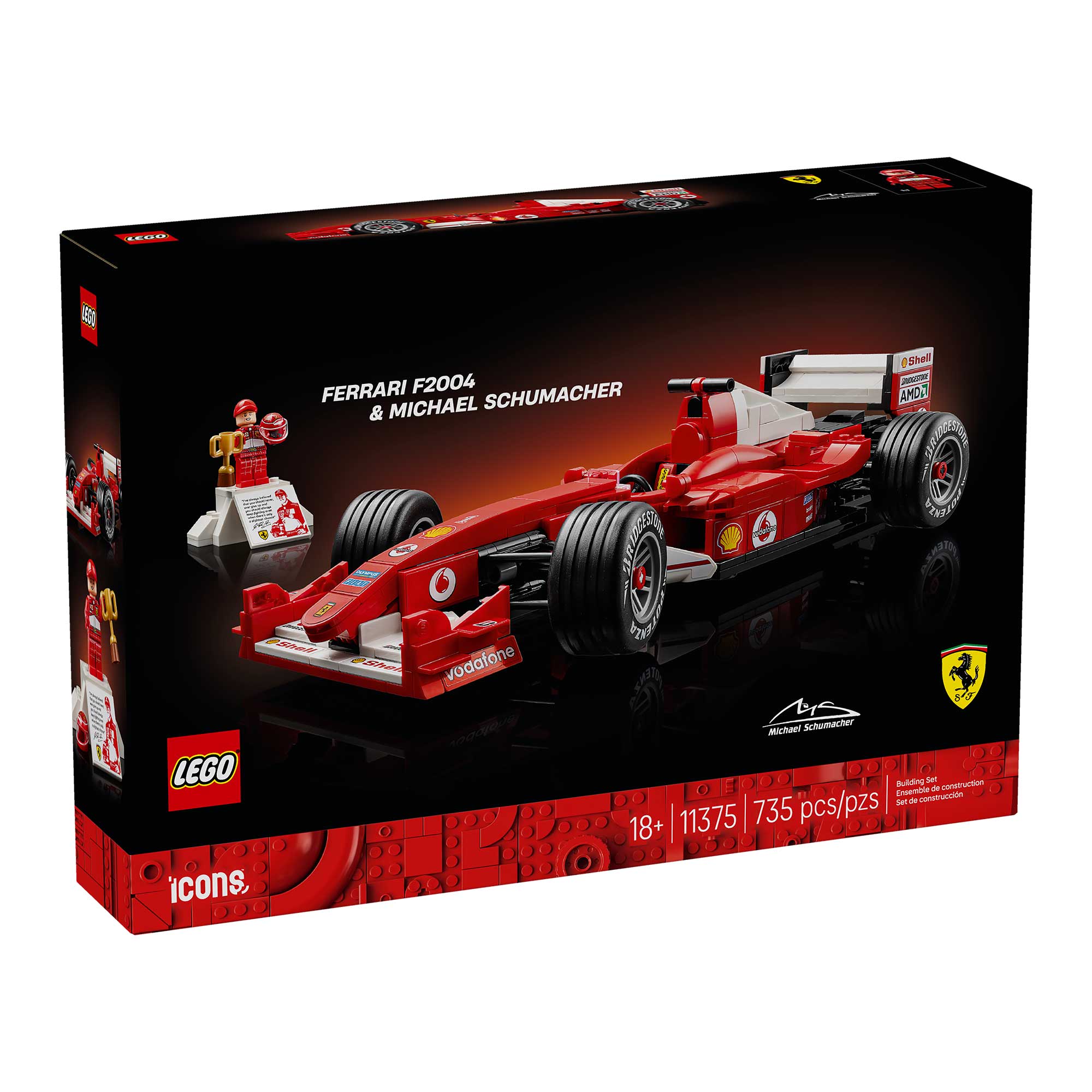LEGO Icons Ferrari F2004 y Michael Schumacher 11375, maqueta coleccionable de Fórmula 1 con réplica del Ferrari F2004, minifigura de Michael Schumacher, motor V10 detallado y base de exhibición para adultos.
