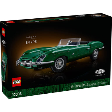LEGO Icons Jaguar E-Type 11381 verde clásico con llantas de radios, capó y puertas abatibles, 1673 piezas