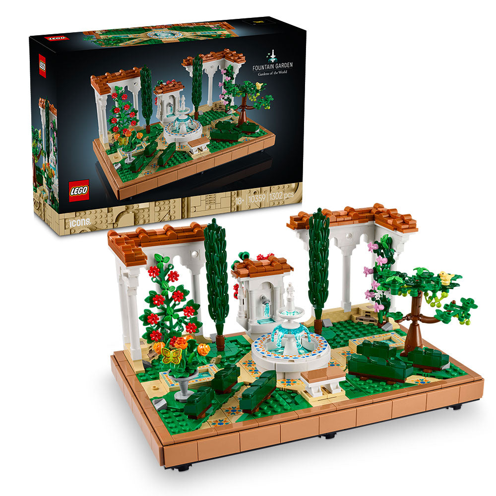 LEGO Icons Jardín con Fuente con pérgolas, flores, cipreses y fuente ornamental para adultos