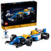Set LEGO Icons Williams Racing FW14B con minifigura de Nigel Mansell, motor detallado, neumáticos Goodyear, mecanismo de dirección y base de exposición con datos del vehículo y podio conmemorativo.