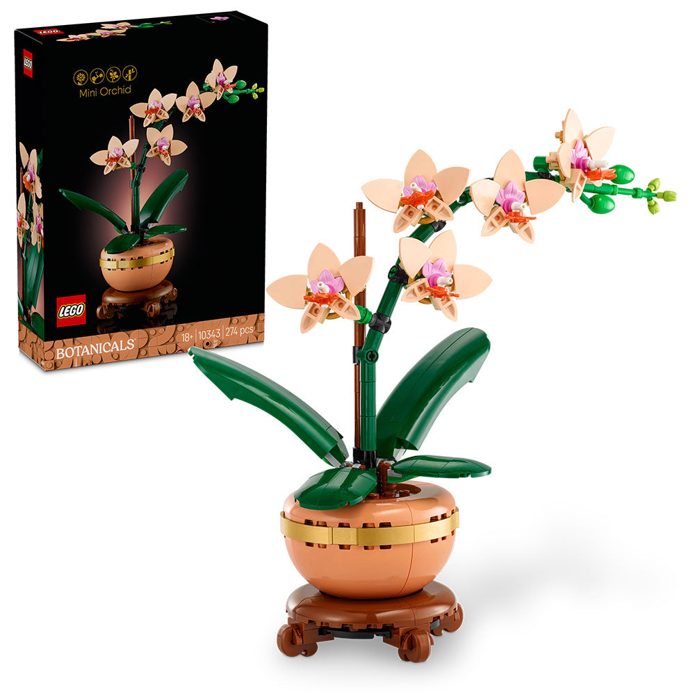 Orquídea LEGO Botanical con flores color melocotón en maceta de terracota sobre base efecto madera
