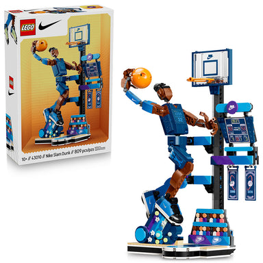 Set LEGO Nike Slam Dunk de 809 piezas para niños y niñas a partir de 10 años, incluye figura articulada de baloncestista, canasta, marcador, banderola y espectadores, con personalización de camiseta, peinado y zapatillas Nike.