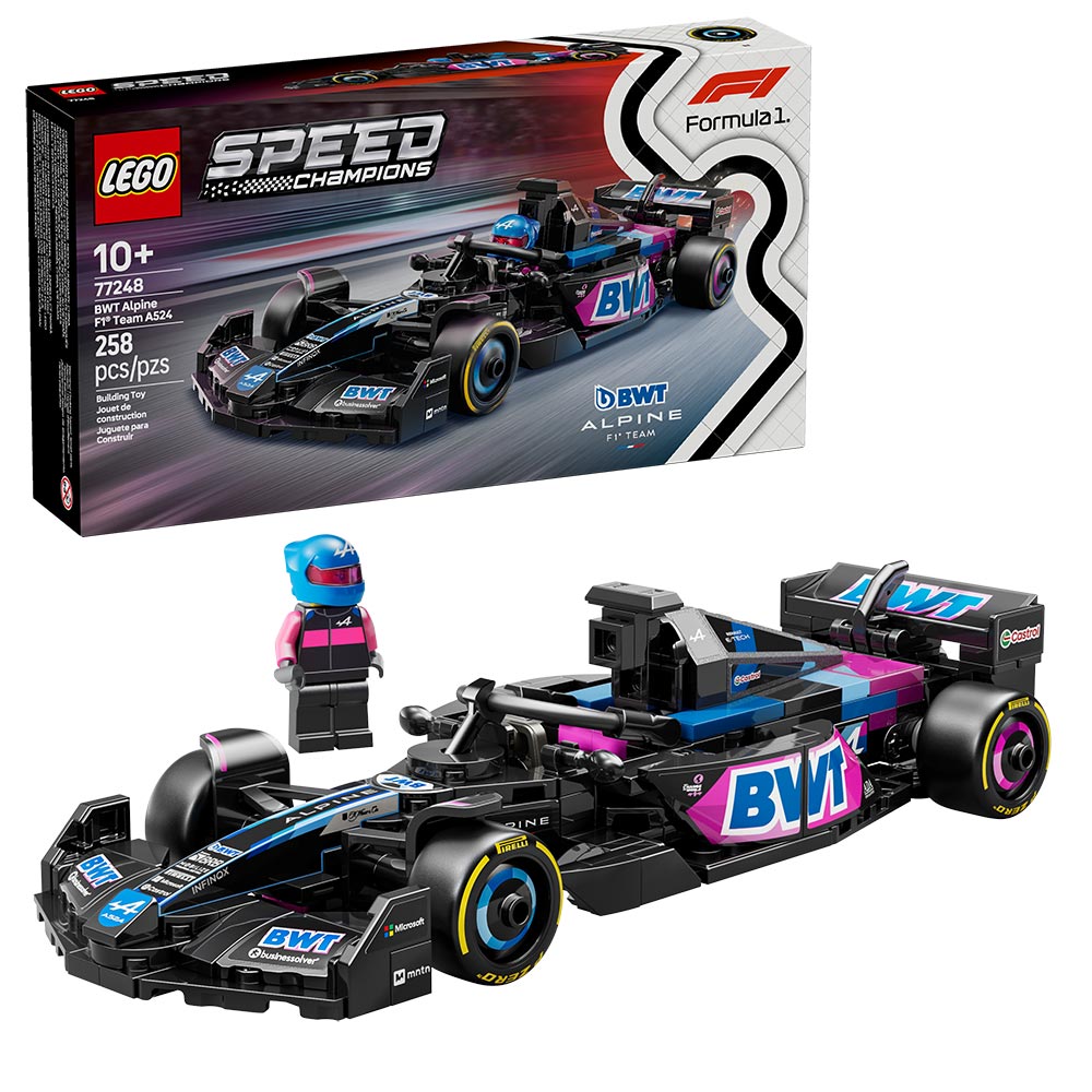 Set LEGO Speed Champions BWT Alpine F1 Team A524 con minifigura de piloto, diseño del modelo 2024, halo, alerón trasero y neumáticos Pirelli.