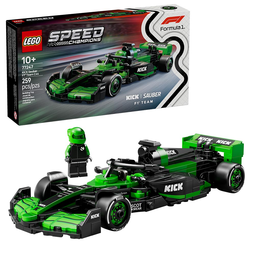 Set LEGO Speed Champions KICK Sauber F1 Team C44 con minifigura de piloto, diseño del modelo 2024, halo, alerón trasero y neumáticos Pirelli.