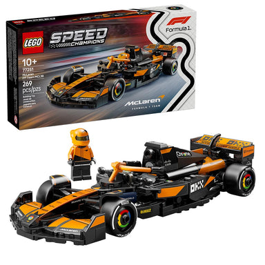 Set LEGO Speed Champions McLaren F1 Team MCL38 con minifigura de piloto, detalles del modelo 2024, halo, alerón trasero y neumáticos Pirelli.