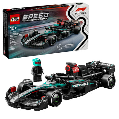 Set LEGO Speed Champions Mercedes-AMG PETRONAS F1 con minifigura de piloto, diseño basado en el modelo 2024, halo, alerón trasero y neumáticos Pirelli.
