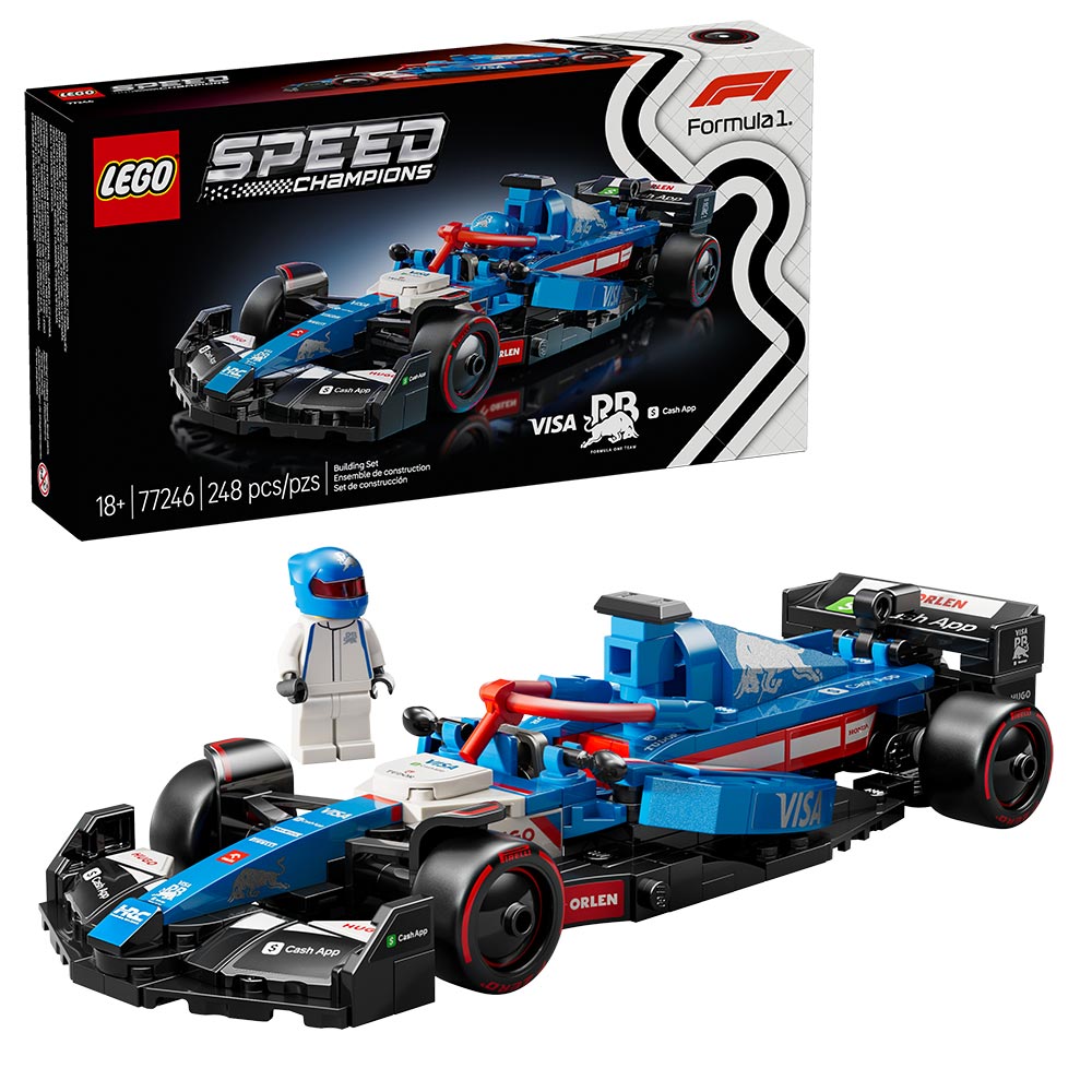Set LEGO Speed Champions Visa Cash App RB VCARB 01 F1 con minifigura de piloto, detalles del modelo 2024, halo, alerón trasero y neumáticos Pirelli.
