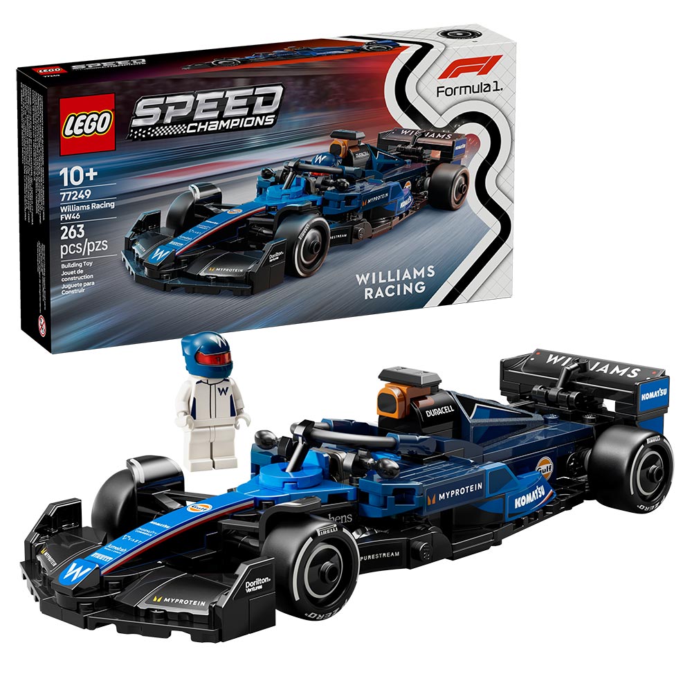 Set LEGO Speed Champions Williams Racing FW46 F1 con minifigura de piloto, diseño basado en el modelo 2024, halo, alerón trasero y neumáticos Pirelli.