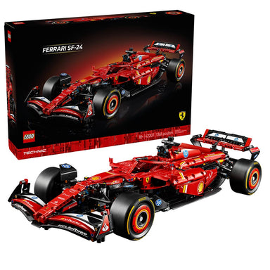 Set LEGO Technic Ferrari SF-24 F1 con motor V6 detallado, caja de cambios de 2 velocidades, dirección funcional, alerón ajustable y diseño a escala 1:8; una maqueta coleccionable ideal para fans de la Fórmula 1.