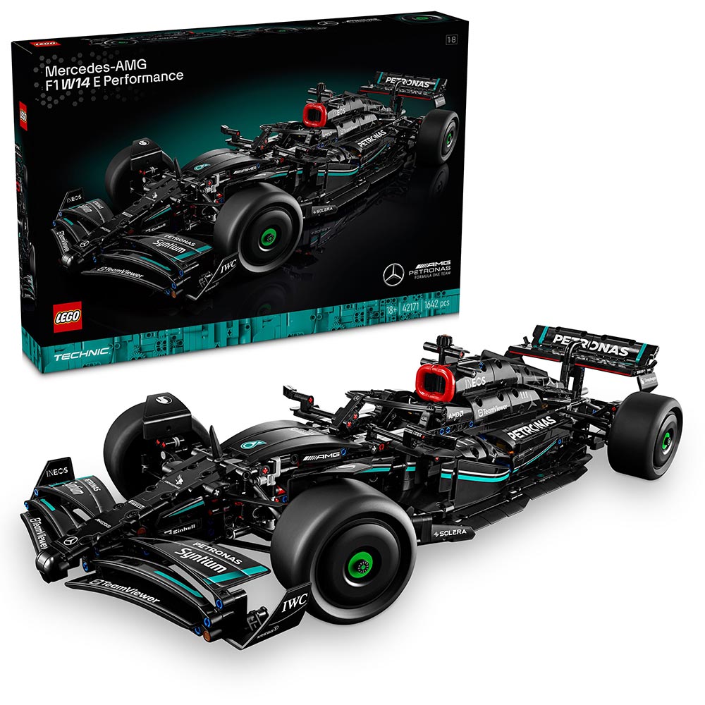 Set LEGO Technic Mercedes-AMG F1 W14 E Performance con motor V6 detallado, pistones móviles, dirección funcional, diferencial, aleta DRS y diseño a escala 1:8; una maqueta ideal para fans adultos de la Fórmula 1.