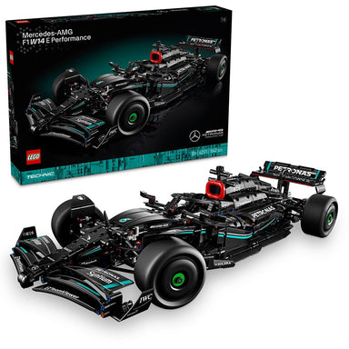 Set LEGO Technic Mercedes-AMG F1 W14 E Performance con motor V6 detallado, pistones móviles, dirección funcional, diferencial, aleta DRS y diseño a escala 1:8; una maqueta ideal para fans adultos de la Fórmula 1.