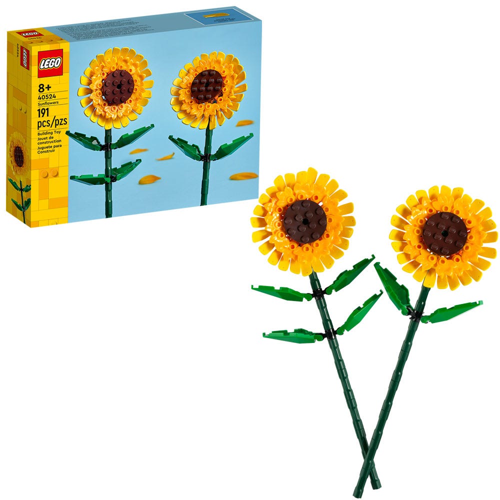 Girasoles LEGO decorativos con tallos ajustables en exhibición floral